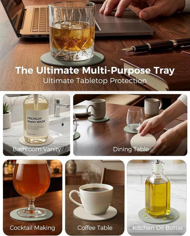 Alt view image 5 of 7 - Leetaltree Reversible Leather Coasters Set of 12 with Holder, 4" Round Waterproof Heat-Resistant Non-Slip Cup Mats for Coffee Table, Bar & Dining Room