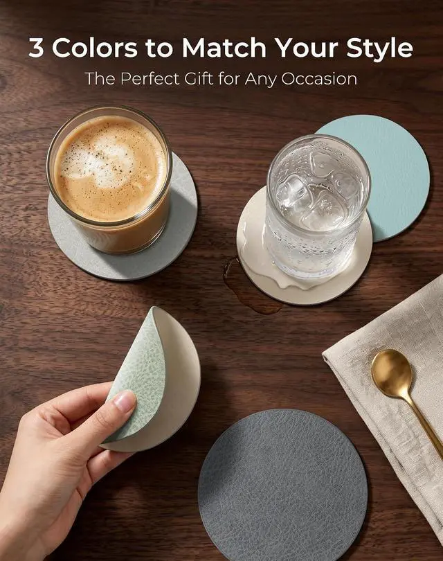Alt view image 6 of 7 - Leetaltree Reversible Leather Coasters Set of 12 with Holder, 4" Round Waterproof Heat-Resistant Non-Slip Cup Mats for Coffee Table, Bar & Dining Room