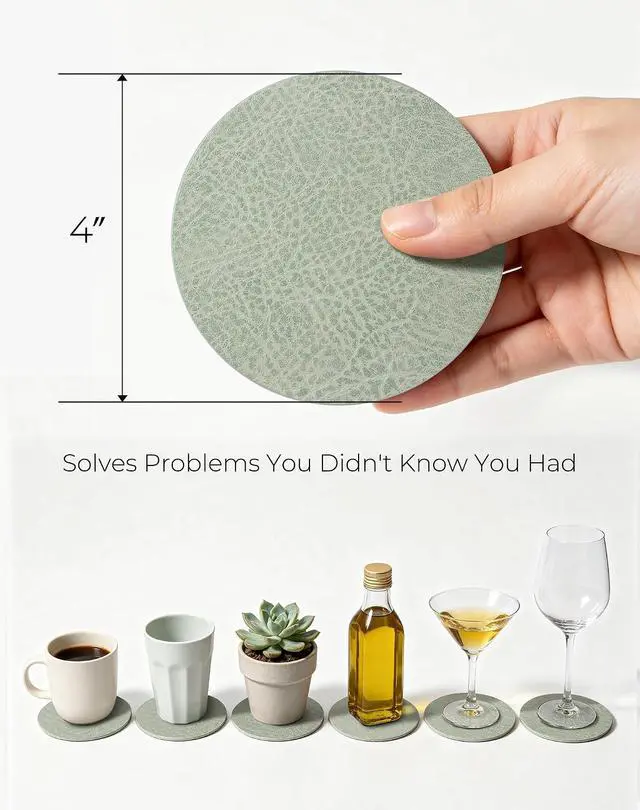 Alt view image 7 of 7 - Leetaltree Reversible Leather Coasters Set of 12 with Holder, 4" Round Waterproof Heat-Resistant Non-Slip Cup Mats for Coffee Table, Bar & Dining Room