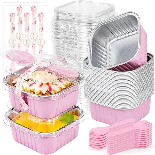 Main image of Mini Cake Pans with Lids, ZOXILEN 5oz/150ml Mini Loaf pans with Lids Spoons Aluminum Foil, Disposable Square Small Baking Cups Tins Muffin Pan Cheesecake Containers for Party Pink 25Pack
