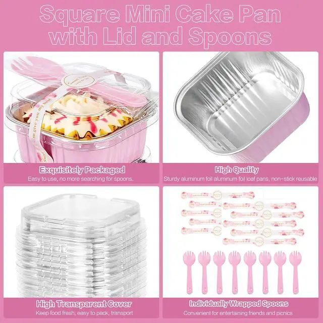 Alt view image 3 of 7 - Mini Cake Pans with Lids, ZOXILEN 5oz/150ml Mini Loaf pans with Lids Spoons Aluminum Foil, Disposable Square Small Baking Cups Tins Muffin Pan Cheesecake Containers for Party Pink 25Pack