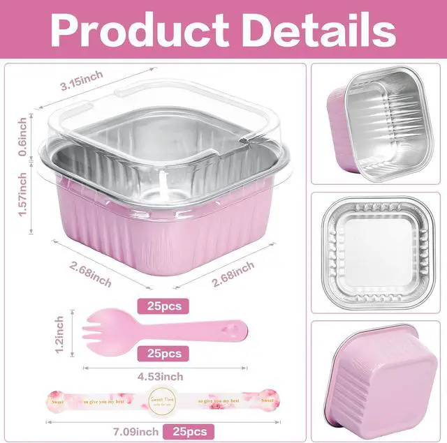 Alt view image 2 of 7 - Mini Cake Pans with Lids, ZOXILEN 5oz/150ml Mini Loaf pans with Lids Spoons Aluminum Foil, Disposable Square Small Baking Cups Tins Muffin Pan Cheesecake Containers for Party Pink 25Pack