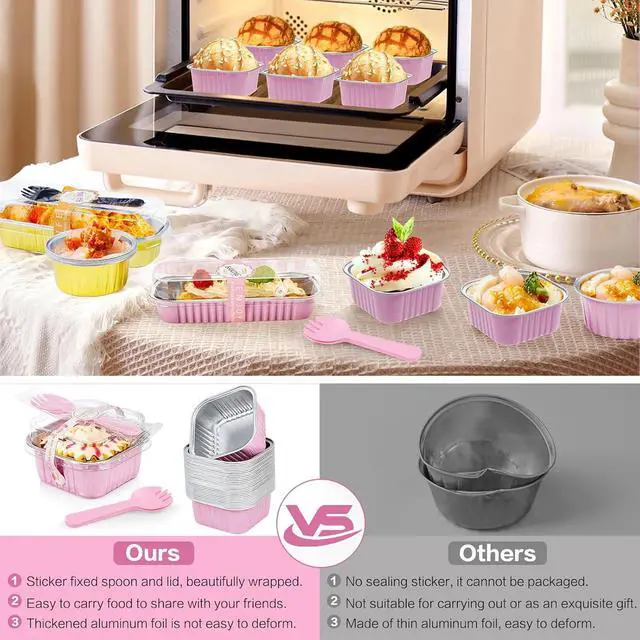 Alt view image 6 of 7 - Mini Cake Pans with Lids, ZOXILEN 5oz/150ml Mini Loaf pans with Lids Spoons Aluminum Foil, Disposable Square Small Baking Cups Tins Muffin Pan Cheesecake Containers for Party Pink 25Pack