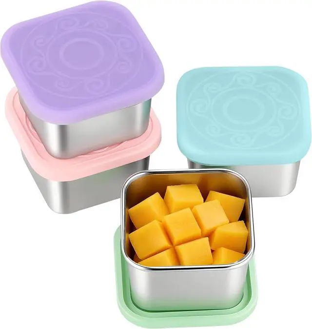 Main image of 4 Pack Stainless Steel Snack Containers, 6oz Snack Box with Silicone Lids | Stackable Portable Small Food Storage Container for Picnic,Travel,School,Office,and Daycare
