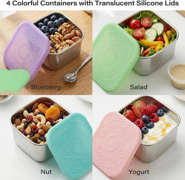 Alt view image 3 of 7 - 4 Pack Stainless Steel Snack Containers, 6oz Snack Box with Silicone Lids | Stackable Portable Small Food Storage Container for Picnic,Travel,School,Office,and Daycare