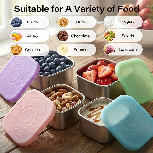 Alt view image 5 of 7 - 4 Pack Stainless Steel Snack Containers, 6oz Snack Box with Silicone Lids | Stackable Portable Small Food Storage Container for Picnic,Travel,School,Office,and Daycare