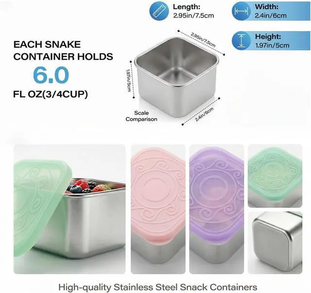 Alt view image 4 of 7 - 4 Pack Stainless Steel Snack Containers, 6oz Snack Box with Silicone Lids | Stackable Portable Small Food Storage Container for Picnic,Travel,School,Office,and Daycare