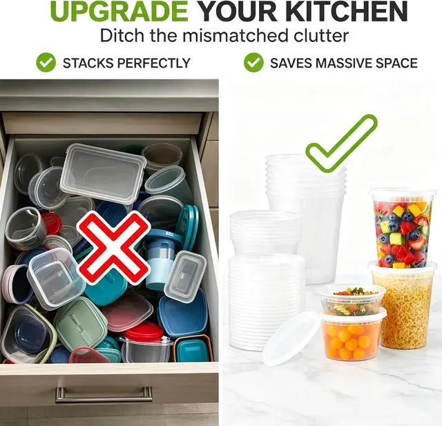 Alt view image 4 of 7 - TashiBox 24 Sets Plastic Deli Food Containers With Lids, 8 oz 16oz 32oz, 8 sets each, Airtight Food Storage Containers, Freezer/Dishwasher/Microwave Safe, Soup Containers For Takeout Food Storage