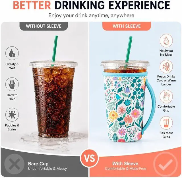 Alt view image 3 of 7 - KJQJLY 3 Pack Reusable Iced Coffee Sleeves for Iced Coffee Cups or Drinks Reusable Neoprene Insulated Sleeves for Hot and Cold Drinks from Starbucks, Dunkin, And More (White Flower Bush)