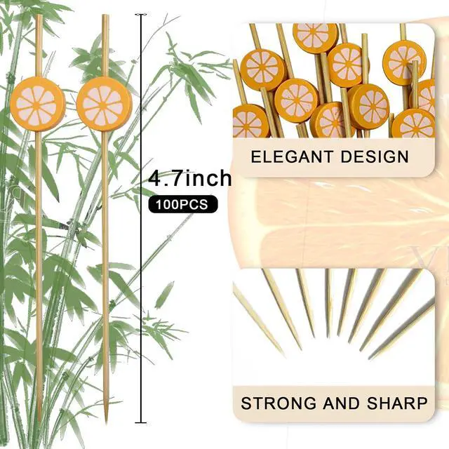 Alt view image 7 of 7 - 100 PCS Orange Shape Bamboo Cocktail Picks, 4.7 inch Long Bamboo Skewers | Toothpicks for Appetizers, Cocktail Sticks Appetizer Skewers for Fruits Drinks Desserts Party Food Decoration