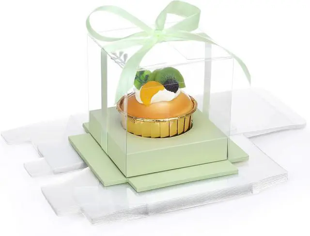 Main image of EUSOAR Cupcake Boxes, 12 Pcs 3.5 Inch Dessert Pastry Individual Cupcake Containers Transparent with Ribbon, Clear Muffins Gift Holder Disposable Cake Carrier for Wedding Party Favor Bakery-Light Green
