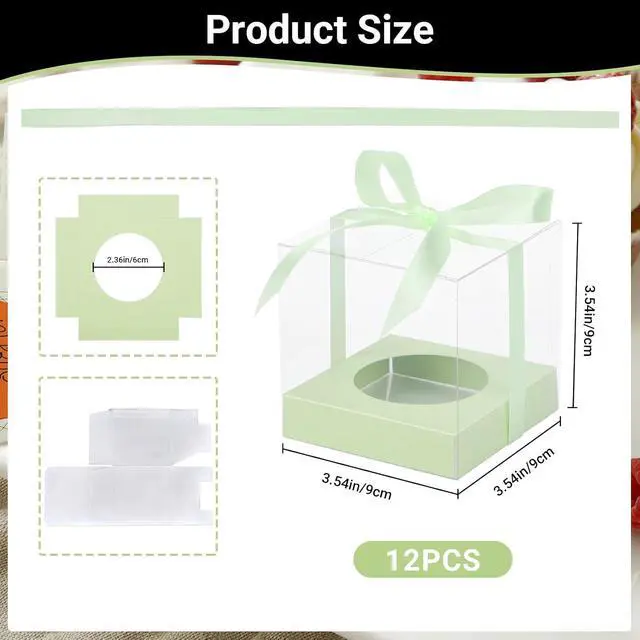 Alt view image 2 of 7 - EUSOAR Cupcake Boxes, 12 Pcs 3.5 Inch Dessert Pastry Individual Cupcake Containers Transparent with Ribbon, Clear Muffins Gift Holder Disposable Cake Carrier for Wedding Party Favor Bakery-Light Green