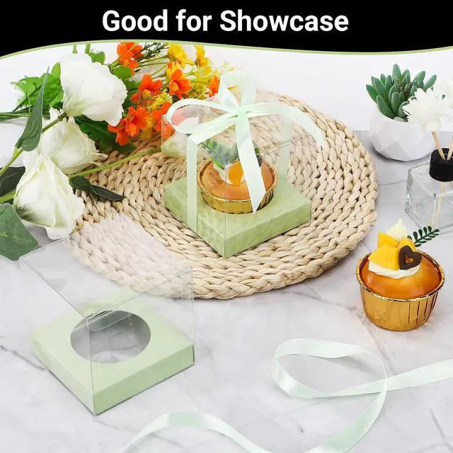 Alt view image 5 of 7 - EUSOAR Cupcake Boxes, 12 Pcs 3.5 Inch Dessert Pastry Individual Cupcake Containers Transparent with Ribbon, Clear Muffins Gift Holder Disposable Cake Carrier for Wedding Party Favor Bakery-Light Green