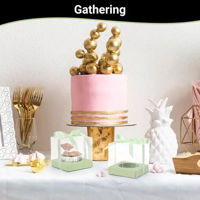 Alt view image 6 of 7 - EUSOAR Cupcake Boxes, 12 Pcs 3.5 Inch Dessert Pastry Individual Cupcake Containers Transparent with Ribbon, Clear Muffins Gift Holder Disposable Cake Carrier for Wedding Party Favor Bakery-Light Green