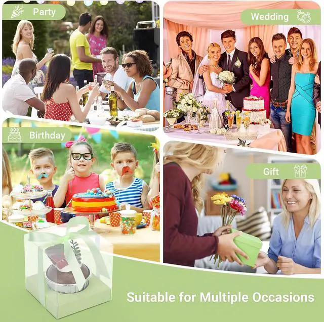 Alt view image 7 of 7 - EUSOAR Cupcake Boxes, 12 Pcs 3.5 Inch Dessert Pastry Individual Cupcake Containers Transparent with Ribbon, Clear Muffins Gift Holder Disposable Cake Carrier for Wedding Party Favor Bakery-Light Green