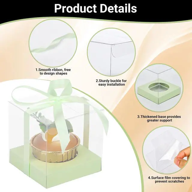 Alt view image 3 of 7 - EUSOAR Cupcake Boxes, 12 Pcs 3.5 Inch Dessert Pastry Individual Cupcake Containers Transparent with Ribbon, Clear Muffins Gift Holder Disposable Cake Carrier for Wedding Party Favor Bakery-Light Green