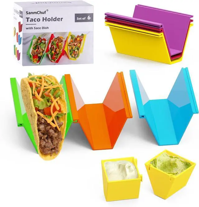 Main image of Microwave Safe Taco Holder Set of 6, Colorful Taco Holder Set 2 Sauce Cups, Connectable & Stackable Plastic Taco Stands, Microwave & Dishwasher Safe, Great for Family Meals & Taco Nights