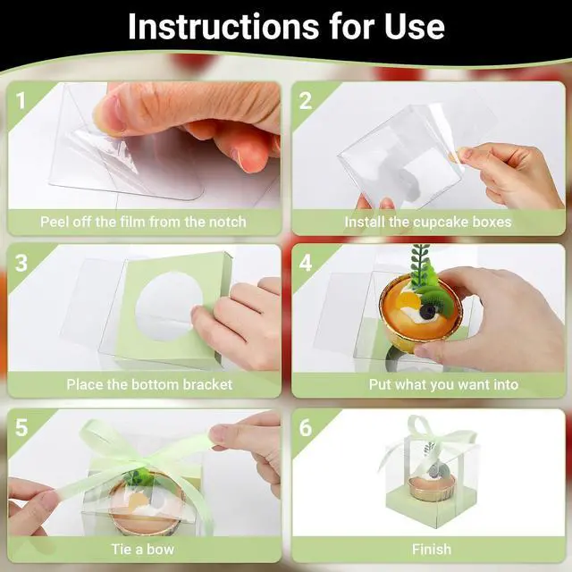 Alt view image 4 of 7 - EUSOAR Cupcake Boxes, 12 Pcs 3.5 Inch Dessert Pastry Individual Cupcake Containers Transparent with Ribbon, Clear Muffins Gift Holder Disposable Cake Carrier for Wedding Party Favor Bakery-Light Green