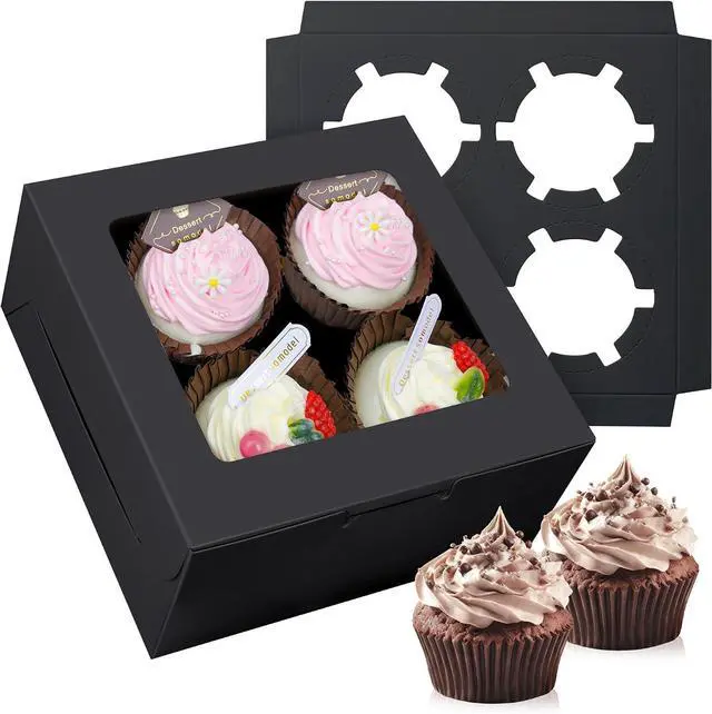 Main image of 10-Set Cupcake Boxes Bulk with Clear Display Window Hold 4 Standard Cupcakes, Disposable Food Grade Black Cupcake Carrier Cupcake Container, Perfect for Cupcakes Muffins Cookies Pastries