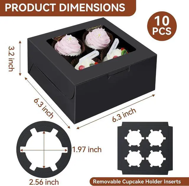 Alt view image 2 of 7 - 10-Set Cupcake Boxes Bulk with Clear Display Window Hold 4 Standard Cupcakes, Disposable Food Grade Black Cupcake Carrier Cupcake Container, Perfect for Cupcakes Muffins Cookies Pastries