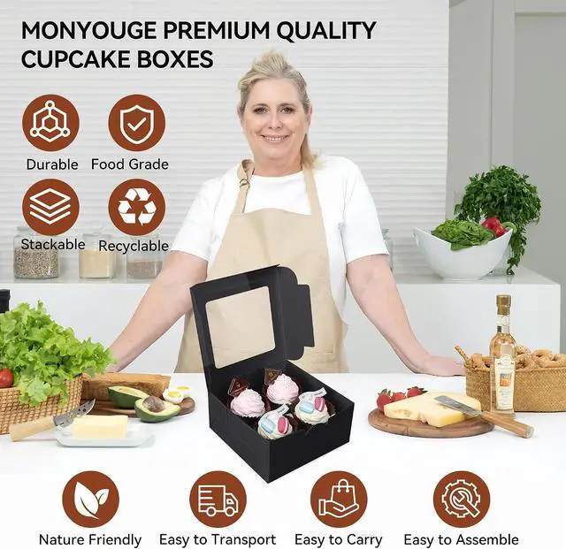 Alt view image 3 of 7 - 10-Set Cupcake Boxes Bulk with Clear Display Window Hold 4 Standard Cupcakes, Disposable Food Grade Black Cupcake Carrier Cupcake Container, Perfect for Cupcakes Muffins Cookies Pastries