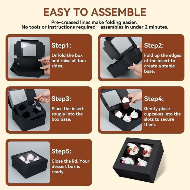 Alt view image 4 of 7 - 10-Set Cupcake Boxes Bulk with Clear Display Window Hold 4 Standard Cupcakes, Disposable Food Grade Black Cupcake Carrier Cupcake Container, Perfect for Cupcakes Muffins Cookies Pastries