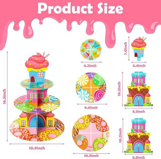 Alt view image 2 of 5 - Candyland Cupcake Stand Sweet Candy Cupcake Tower Cardboard | 3 Tier Candy Donut Lollipop Ice Cream Dessert Holder, Girls Candyland Themed Birthday Party Baby Shower Table Decor Supply