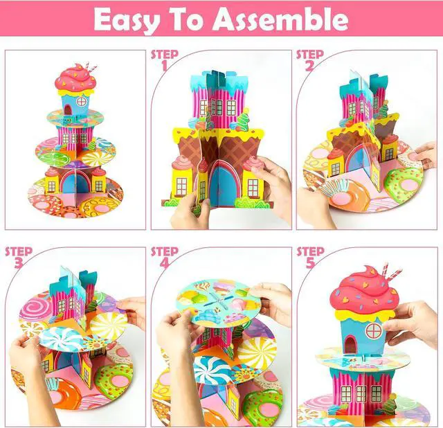 Alt view image 3 of 5 - Candyland Cupcake Stand Sweet Candy Cupcake Tower Cardboard | 3 Tier Candy Donut Lollipop Ice Cream Dessert Holder, Girls Candyland Themed Birthday Party Baby Shower Table Decor Supply
