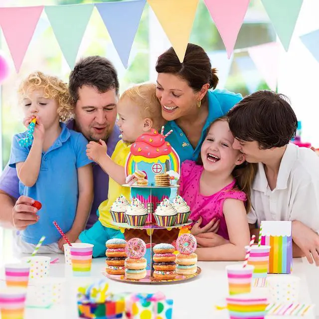 Alt view image 4 of 5 - Candyland Cupcake Stand Sweet Candy Cupcake Tower Cardboard | 3 Tier Candy Donut Lollipop Ice Cream Dessert Holder, Girls Candyland Themed Birthday Party Baby Shower Table Decor Supply