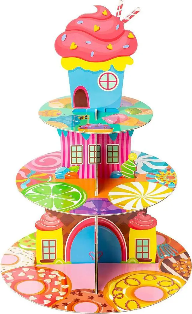 Main image of Candyland Cupcake Stand Sweet Candy Cupcake Tower Cardboard | 3 Tier Candy Donut Lollipop Ice Cream Dessert Holder, Girls Candyland Themed Birthday Party Baby Shower Table Decor Supply