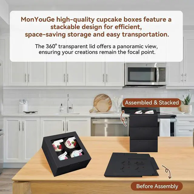Alt view image 6 of 7 - 10-Set Cupcake Boxes Bulk with Clear Display Window Hold 4 Standard Cupcakes, Disposable Food Grade Black Cupcake Carrier Cupcake Container, Perfect for Cupcakes Muffins Cookies Pastries
