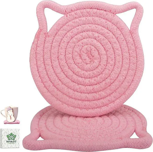 Main image of Cute Coasters for Desk Set of 2, Extra Large 4.8 in* 8mm, Absorbent Handmade Fabric Drink Coasters for Coffee & Tea - Fall House Warm Home Décor, Protect The Wooden Table (2 Pack-Cat-Blush Pink)