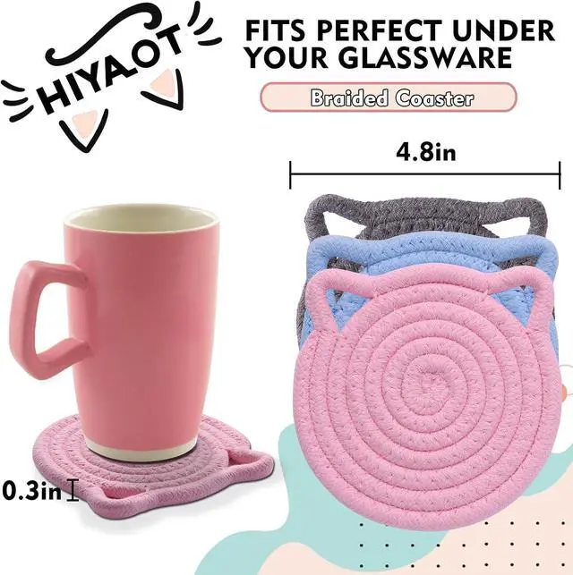 Alt view image 2 of 6 - Cute Coasters for Desk Set of 2, Extra Large 4.8 in* 8mm, Absorbent Handmade Fabric Drink Coasters for Coffee & Tea - Fall House Warm Home Décor, Protect The Wooden Table (2 Pack-Cat-Blush Pink)