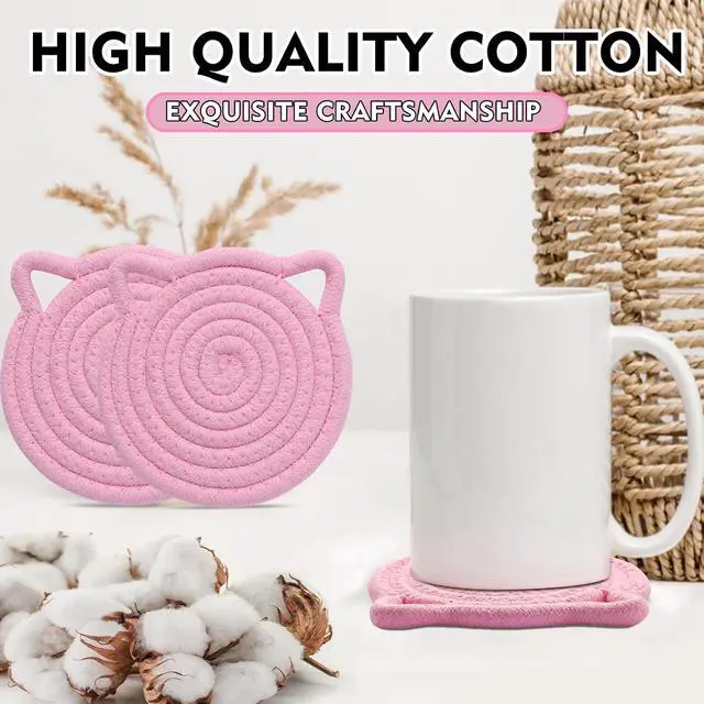 Alt view image 3 of 6 - Cute Coasters for Desk Set of 2, Extra Large 4.8 in* 8mm, Absorbent Handmade Fabric Drink Coasters for Coffee & Tea - Fall House Warm Home Décor, Protect The Wooden Table (2 Pack-Cat-Blush Pink)