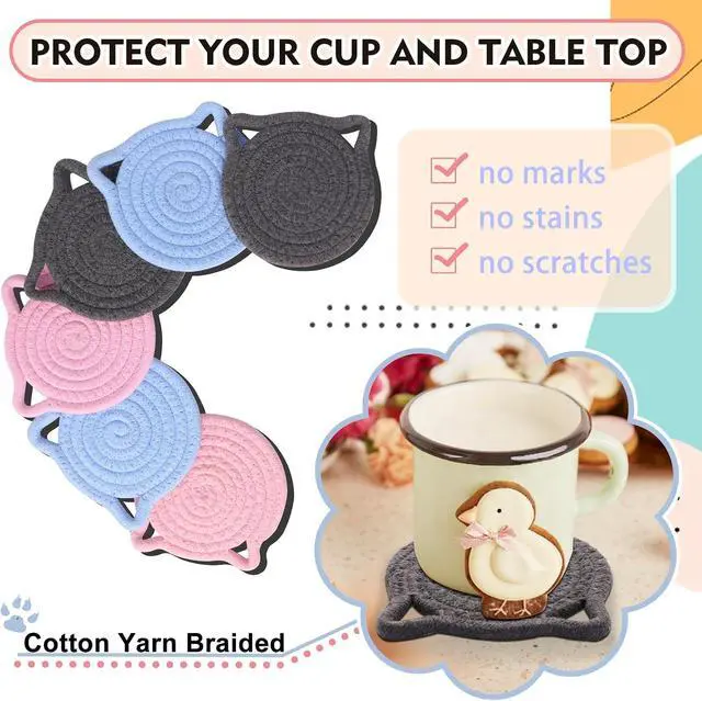 Alt view image 5 of 6 - Cute Coasters for Desk Set of 2, Extra Large 4.8 in* 8mm, Absorbent Handmade Fabric Drink Coasters for Coffee & Tea - Fall House Warm Home Décor, Protect The Wooden Table (2 Pack-Cat-Blush Pink)