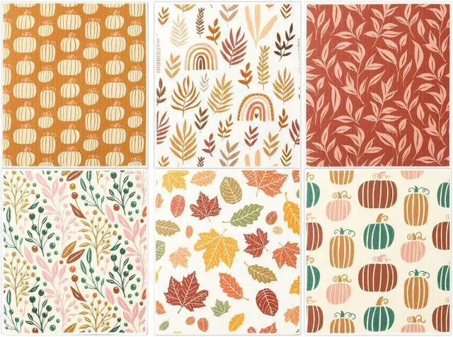 Main image of Whaline 6 Pcs Fall Swedish Dishcloths Fall Harvest Boho Kitchen Dish Towel Pumpkin Maple Leaf Reusable Washable Cotton Cloth for Autumn Thanksgiving Kitchen Washing Counter Cleaning, 6.7 x 7.7 Inch