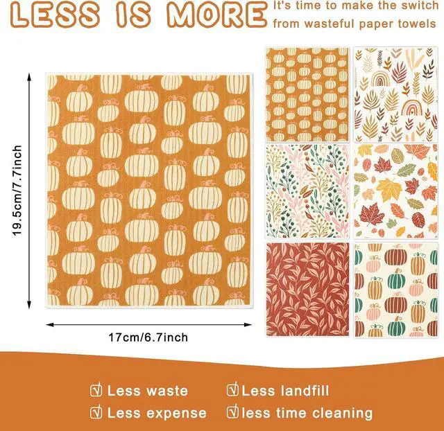 Alt view image 2 of 7 - Whaline 6 Pcs Fall Swedish Dishcloths Fall Harvest Boho Kitchen Dish Towel Pumpkin Maple Leaf Reusable Washable Cotton Cloth for Autumn Thanksgiving Kitchen Washing Counter Cleaning, 6.7 x 7.7 Inch