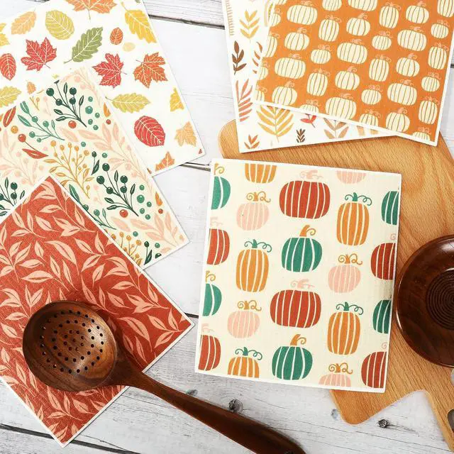 Alt view image 3 of 7 - Whaline 6 Pcs Fall Swedish Dishcloths Fall Harvest Boho Kitchen Dish Towel Pumpkin Maple Leaf Reusable Washable Cotton Cloth for Autumn Thanksgiving Kitchen Washing Counter Cleaning, 6.7 x 7.7 Inch