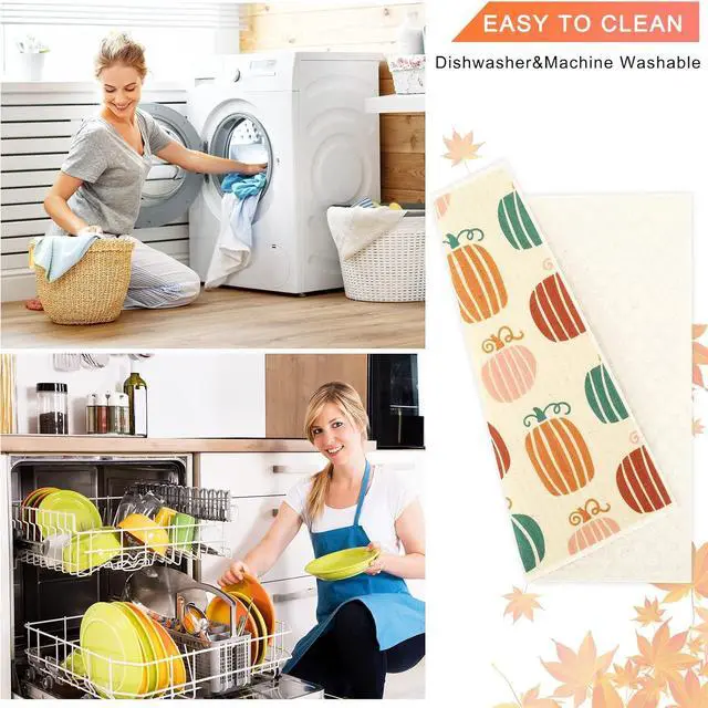 Alt view image 4 of 7 - Whaline 6 Pcs Fall Swedish Dishcloths Fall Harvest Boho Kitchen Dish Towel Pumpkin Maple Leaf Reusable Washable Cotton Cloth for Autumn Thanksgiving Kitchen Washing Counter Cleaning, 6.7 x 7.7 Inch