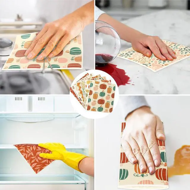 Alt view image 5 of 7 - Whaline 6 Pcs Fall Swedish Dishcloths Fall Harvest Boho Kitchen Dish Towel Pumpkin Maple Leaf Reusable Washable Cotton Cloth for Autumn Thanksgiving Kitchen Washing Counter Cleaning, 6.7 x 7.7 Inch