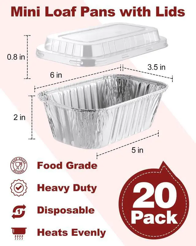 Alt view image 2 of 6 - 20 Pack 1 Lb Aluminum Loaf Pans with Lids - 6x3.5x2 Mini Loaf Pan, Small Disposable Tin Foil Baking Pans for Baked Bread, Cakes, Meat, Loaves