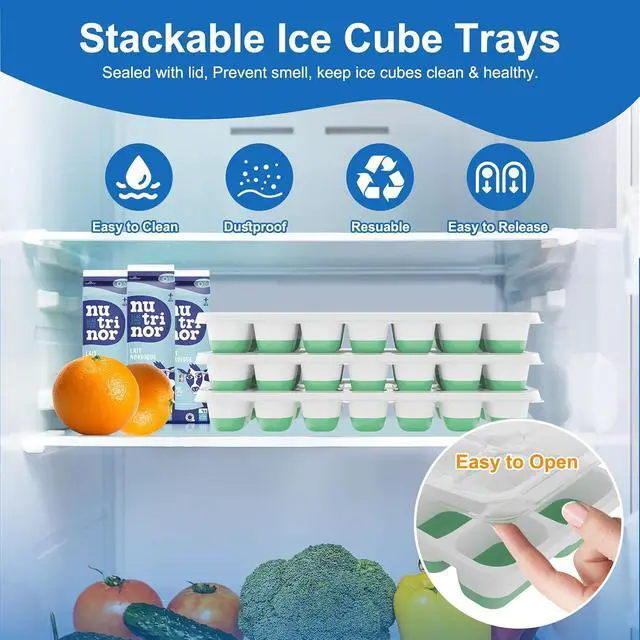 Alt view image 2 of 7 - Ice Cube Tray with Lid, 3 Pack Silicone Easy-Release Ice Trays for Freezer, Stackable Ice Cube Molds for Drinks, Cocktails, Whiskey, Coffee - BPA-Free and Odor-Free,Ice Cube Trays for Freezer
