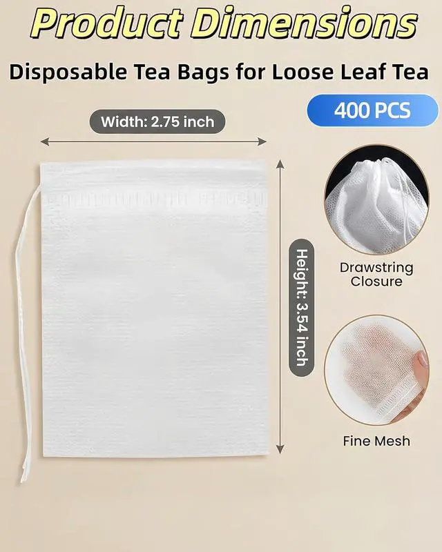 Alt view image 2 of 7 - 400 PCS Disposable Tea Bags for Loose Leaf Tea-Tea Filter Bags Small Tea Bag with Drawstring, Empty Tea Infuser Sachets for Loose Leaf Tea, Coffee, Spice, Herbs (2.75 x 3.54 inch)