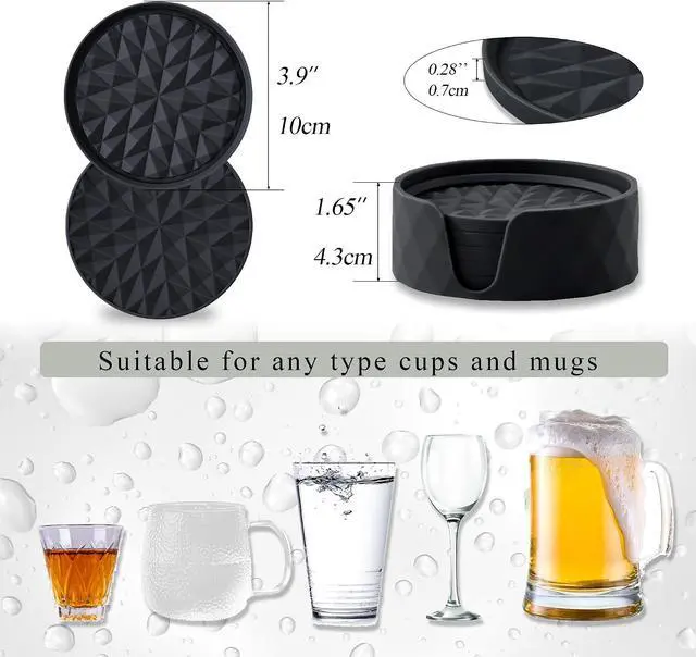 Alt view image 3 of 7 - Silicone Drink Coasters Set of 6, Desk Cup Coaster | Prevents Condensation&Spills, Non-Slip, Reusable&Easy Clean, Diamond Pattern, Stylish Office&Home Decor, Gift idea, Black