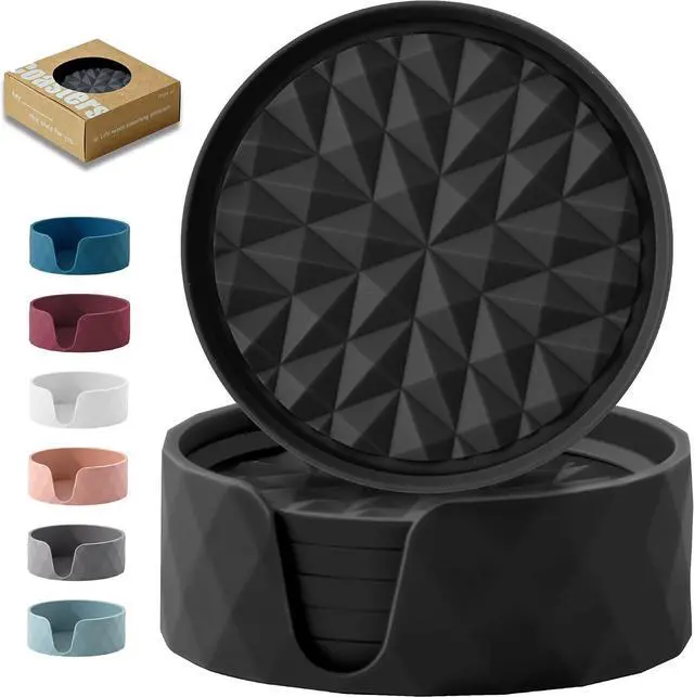Main image of Silicone Drink Coasters Set of 6, Desk Cup Coaster | Prevents Condensation&Spills, Non-Slip, Reusable&Easy Clean, Diamond Pattern, Stylish Office&Home Decor, Gift idea, Black