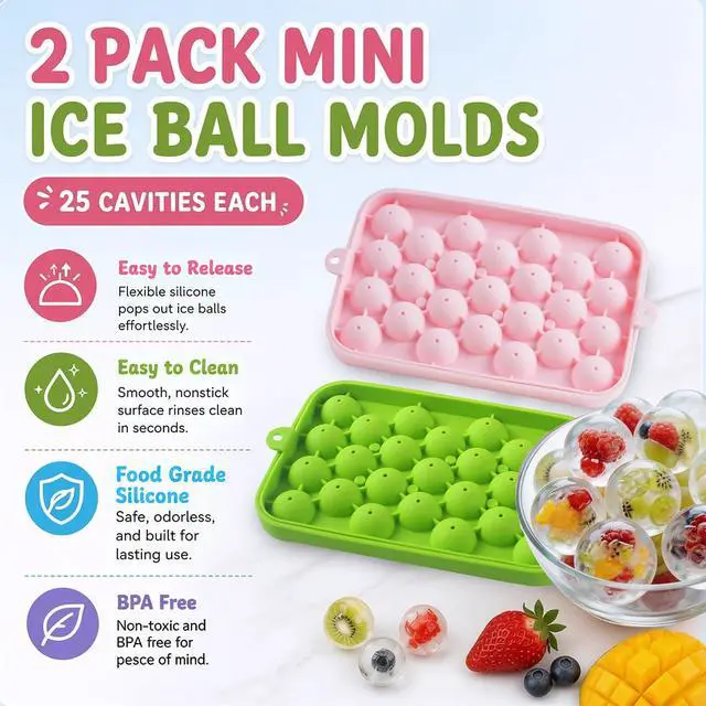 Alt view image 3 of 7 - Small Ice Ball Mold, 2Pack Round Ice Cube Trays with Lid, 1Inch Silicone Ice Cube Trays for Freezer, Mini Ice Ball Maker for Whiskey, Cocktail, Juice