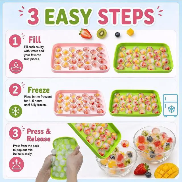 Alt view image 4 of 7 - Small Ice Ball Mold, 2Pack Round Ice Cube Trays with Lid, 1Inch Silicone Ice Cube Trays for Freezer, Mini Ice Ball Maker for Whiskey, Cocktail, Juice
