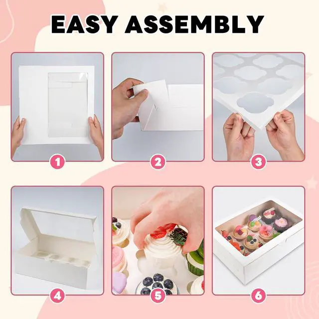 Alt view image 4 of 7 - NPLUX 6 Pack Cupcake Boxes for 12 Cupcakes, White with Window | 6 White Cupcake Containers with Window and Insert Tray, Collapsible Design, 13.8 x 9.5 X 4 in, for Home Bakers, Birthdays