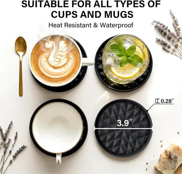 Alt view image 3 of 6 - Silicone Drink Coasters Set of 2, Coaster for Desk Office | Prevents Condensation&Spills, Non-Slip, Reusable&Easy Clean, Diamond Pattern, Stylish Home Decor, Gift Idea, Black