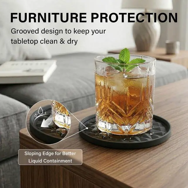 Alt view image 4 of 6 - Silicone Drink Coasters Set of 2, Coaster for Desk Office | Prevents Condensation&Spills, Non-Slip, Reusable&Easy Clean, Diamond Pattern, Stylish Home Decor, Gift Idea, Black